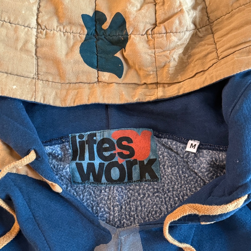 Free City “Life’s Work” Hoodie Navy/Tan Quilted Pullover Size Unisex M - Picture 2 of 7